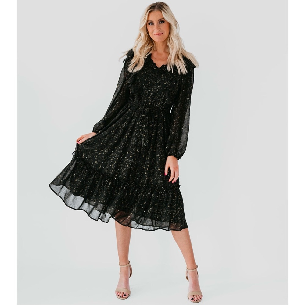 NWOT By The River Star Print Shirred Chiffon Ruffle Midi Long Sleeve Dress Black